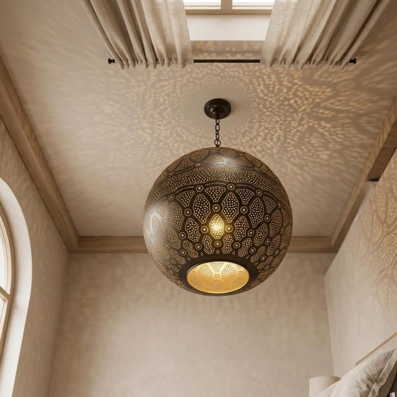 Moroccan Pierced Brass Globe Pendant Light, Handmade Moorish Floral Pattern Hanging Lamp, Boho Arabic Shadow Chandelier, Antique Gold Filigree Ceiling Light Fixture