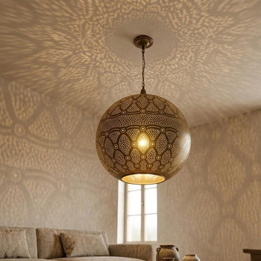 Moroccan Pierced Brass Globe Pendant Light, Handmade Moorish Floral Pattern Hanging Lamp, Boho Arabic Shadow Chandelier, Antique Gold Filigree Ceiling Light Fixture