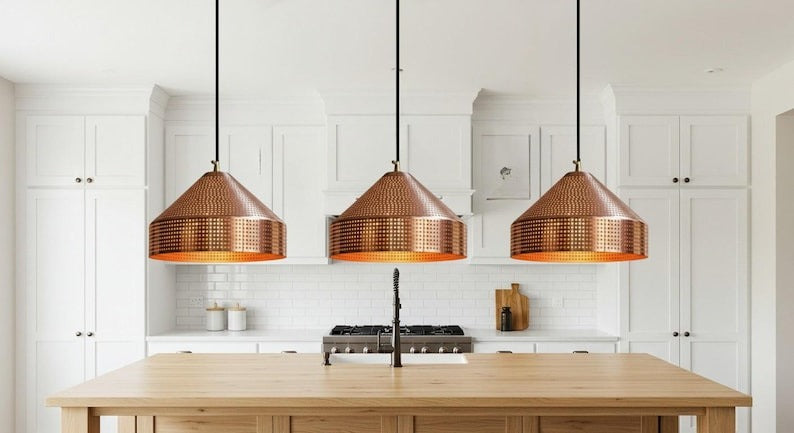 Handmade Perforated Brass Pendant Light – Moroccan Copper Cone Dome Hanging Lamp for Kitchen Island, Dining Room & Boho Home Décor