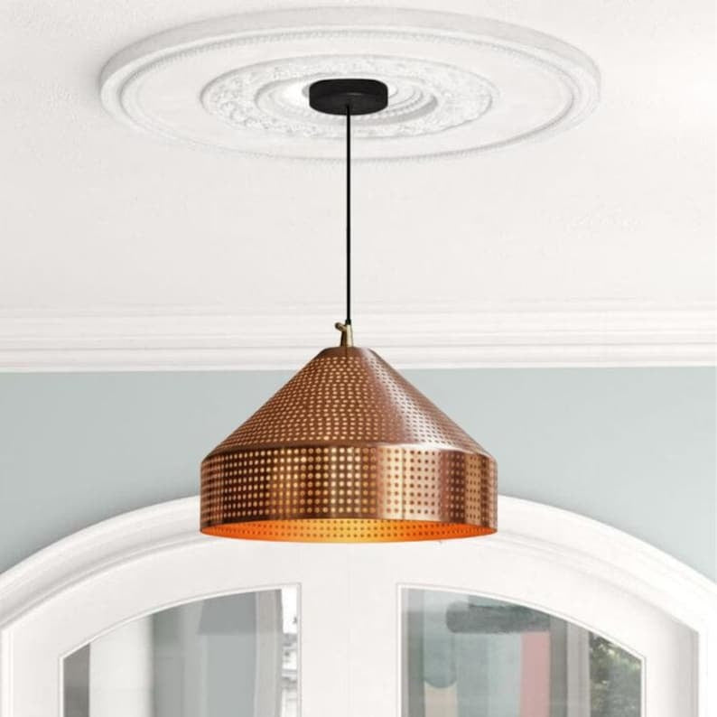 Handmade Perforated Brass Pendant Light – Moroccan Copper Cone Dome Hanging Lamp for Kitchen Island, Dining Room & Boho Home Décor