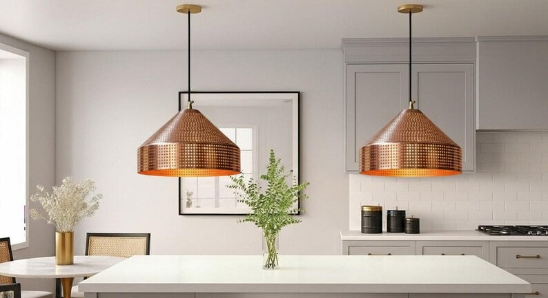 Handmade Perforated Brass Pendant Light – Moroccan Copper Cone Dome Hanging Lamp for Kitchen Island, Dining Room & Boho Home Décor