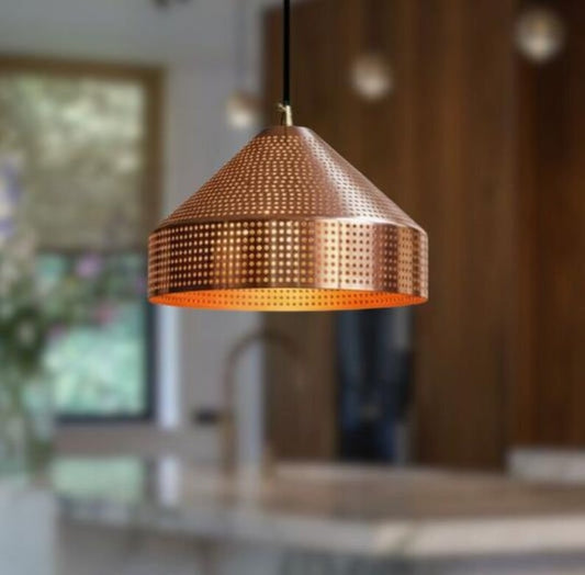 Handmade Perforated Brass Pendant Light – Moroccan Copper Cone Dome Hanging Lamp for Kitchen Island, Dining Room & Boho Home Décor