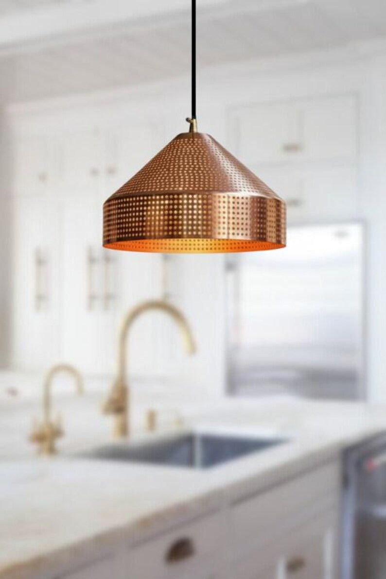 Handmade Perforated Brass Pendant Light – Moroccan Copper Cone Dome Hanging Lamp for Kitchen Island, Dining Room & Boho Home Décor