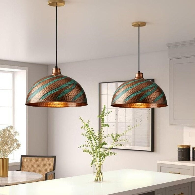 Handmade Copper & Turquoise Patina Brass Pendant Light – Moroccan Spiral Dome Hanging Lamp with Warm Gold Interior for Kitchen Island, Dining Room & Boho Home Décor