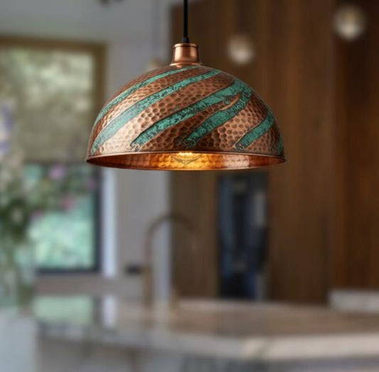 Handmade Copper & Turquoise Patina Brass Pendant Light – Moroccan Spiral Dome Hanging Lamp with Warm Gold Interior for Kitchen Island, Dining Room & Boho Home Décor