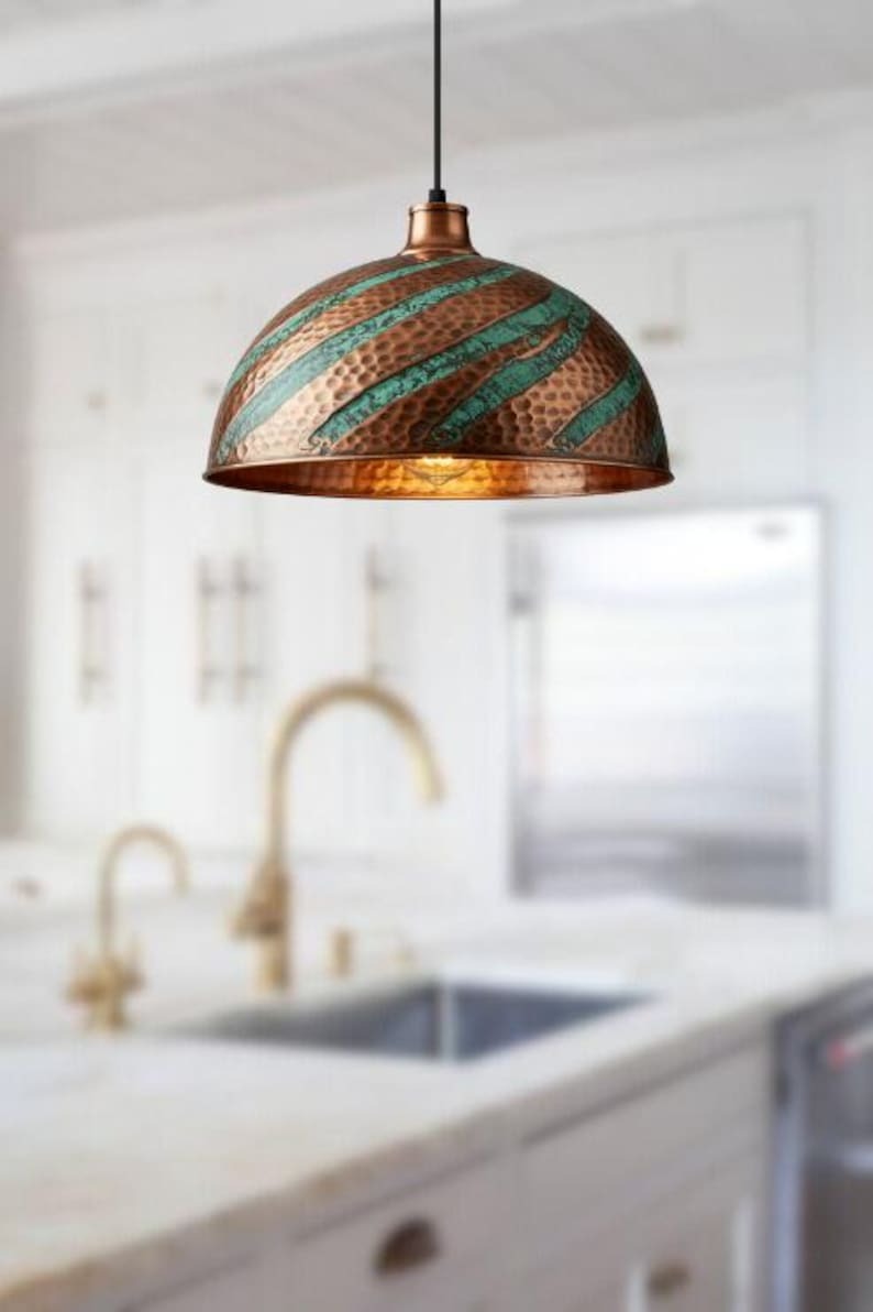 Handmade Copper & Turquoise Patina Brass Pendant Light – Moroccan Spiral Dome Hanging Lamp with Warm Gold Interior for Kitchen Island, Dining Room & Boho Home Décor