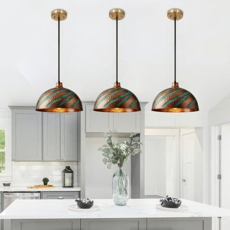 Handmade Copper & Turquoise Patina Brass Pendant Light – Moroccan Spiral Dome Hanging Lamp with Warm Gold Interior for Kitchen Island, Dining Room & Boho Home Décor