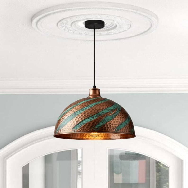 Handmade Copper & Turquoise Patina Brass Pendant Light – Moroccan Spiral Dome Hanging Lamp with Warm Gold Interior for Kitchen Island, Dining Room & Boho Home Décor
