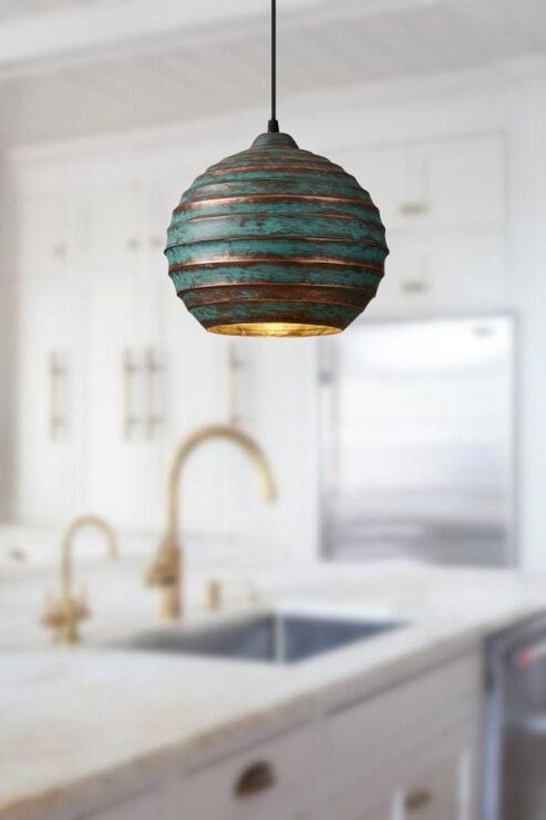 Handmade Green Patina Brass Pendant Light – Moroccan Ribbed Globe Hanging Lamp with Warm Gold Interior for Kitchen Island, Dining Room & Boho Home Décor