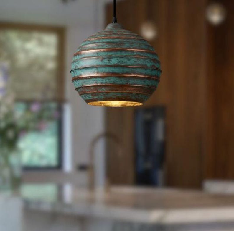 Handmade Green Patina Brass Pendant Light – Moroccan Ribbed Globe Hanging Lamp with Warm Gold Interior for Kitchen Island, Dining Room & Boho Home Décor