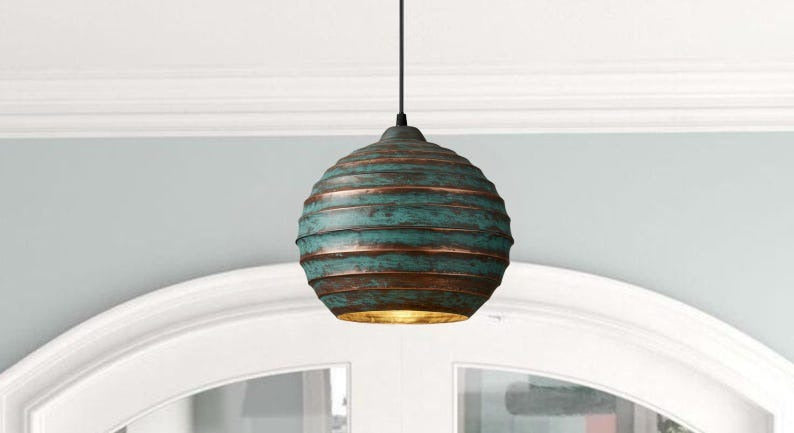 Handmade Green Patina Brass Pendant Light – Moroccan Ribbed Globe Hanging Lamp with Warm Gold Interior for Kitchen Island, Dining Room & Boho Home Décor