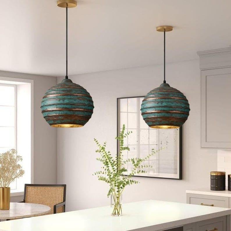 Handmade Green Patina Brass Pendant Light – Moroccan Ribbed Globe Hanging Lamp with Warm Gold Interior for Kitchen Island, Dining Room & Boho Home Décor
