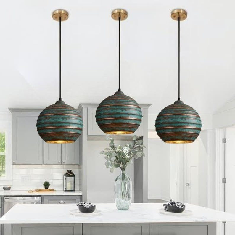 Handmade Green Patina Brass Pendant Light – Moroccan Ribbed Globe Hanging Lamp with Warm Gold Interior for Kitchen Island, Dining Room & Boho Home Décor