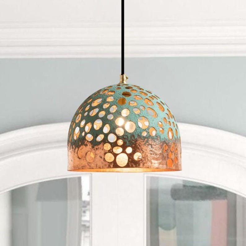 Handmade Perforated Brass Pendant Light – Moroccan Copper Dome Hanging Lamp with Green Patina & Large Round Cutouts for Kitchen Island, Dining Room & Boho Home Décor