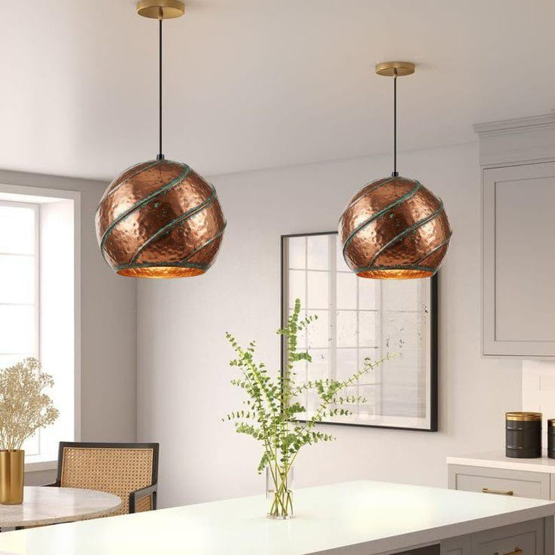 Handmade Hammered Brass Pendant Light – Moroccan Copper Globe Hanging Lamp with Green Patina Spiral Ribs for Kitchen Island, Dining Room & Boho Home Décor