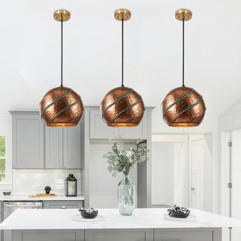 Handmade Hammered Brass Pendant Light – Moroccan Copper Globe Hanging Lamp with Green Patina Spiral Ribs for Kitchen Island, Dining Room & Boho Home Décor