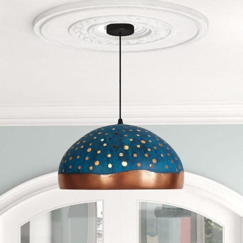 Handmade Blue Patina Brass Pendant Light – Moroccan Perforated Dome Hanging Lamp with Copper Band & Warm Gold Interior for Kitchen Island, Dining Room & Boho Home Décor