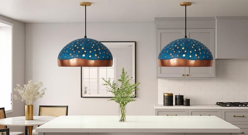 Handmade Blue Patina Brass Pendant Light – Moroccan Perforated Dome Hanging Lamp with Copper Band & Warm Gold Interior for Kitchen Island, Dining Room & Boho Home Décor