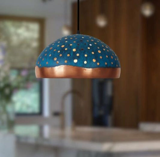 Handmade Blue Patina Brass Pendant Light – Moroccan Perforated Dome Hanging Lamp with Copper Band & Warm Gold Interior for Kitchen Island, Dining Room & Boho Home Décor