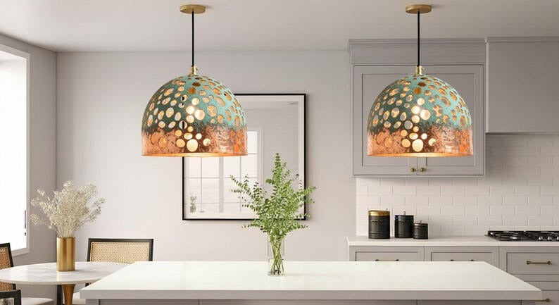Handmade Perforated Brass Pendant Light – Moroccan Copper Dome Hanging Lamp with Green Patina & Large Round Cutouts for Kitchen Island, Dining Room & Boho Home Décor