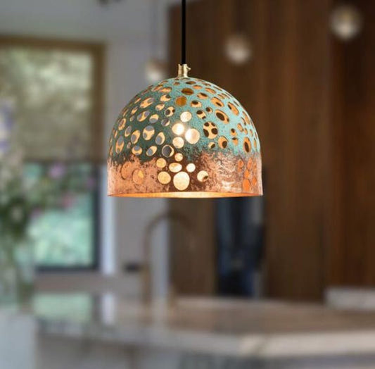 Handmade Perforated Brass Pendant Light – Moroccan Copper Dome Hanging Lamp with Green Patina & Large Round Cutouts for Kitchen Island, Dining Room & Boho Home Décor