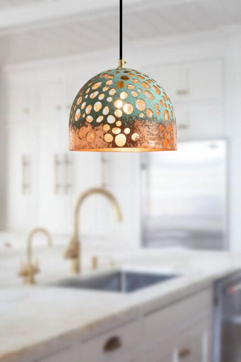 Handmade Perforated Brass Pendant Light – Moroccan Copper Dome Hanging Lamp with Green Patina & Large Round Cutouts for Kitchen Island, Dining Room & Boho Home Décor