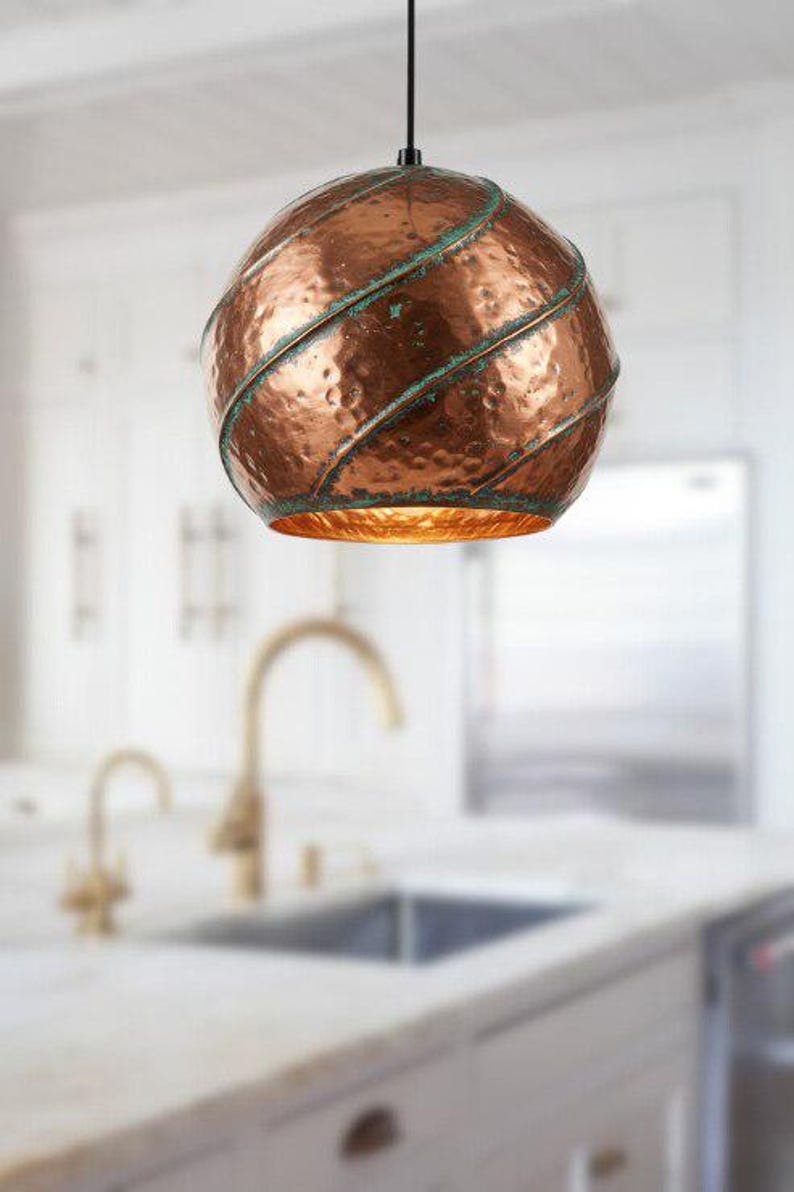 Handmade Hammered Brass Pendant Light – Moroccan Copper Globe Hanging Lamp with Green Patina Spiral Ribs for Kitchen Island, Dining Room & Boho Home Décor