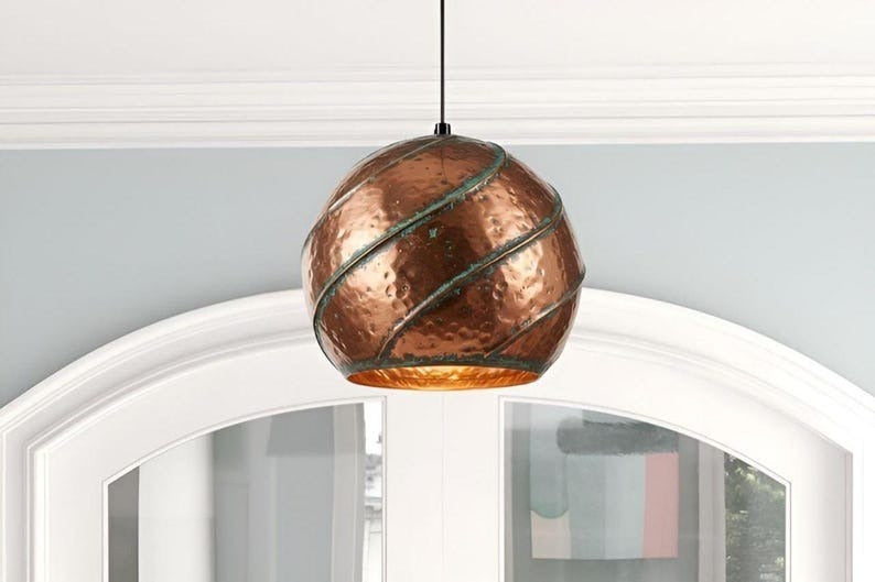 Handmade Hammered Brass Pendant Light – Moroccan Copper Globe Hanging Lamp with Green Patina Spiral Ribs for Kitchen Island, Dining Room & Boho Home Décor