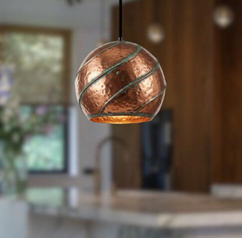 Handmade Hammered Brass Pendant Light – Moroccan Copper Globe Hanging Lamp with Green Patina Spiral Ribs for Kitchen Island, Dining Room & Boho Home Décor