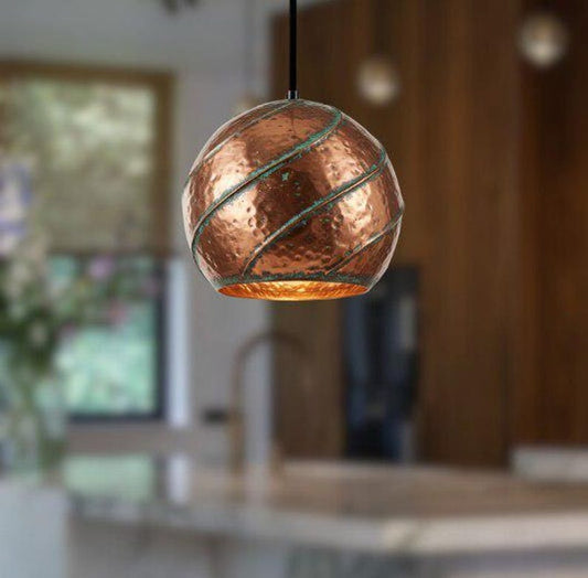 Handmade Hammered Brass Pendant Light – Moroccan Copper Globe Hanging Lamp with Green Patina Spiral Ribs for Kitchen Island, Dining Room & Boho Home Décor