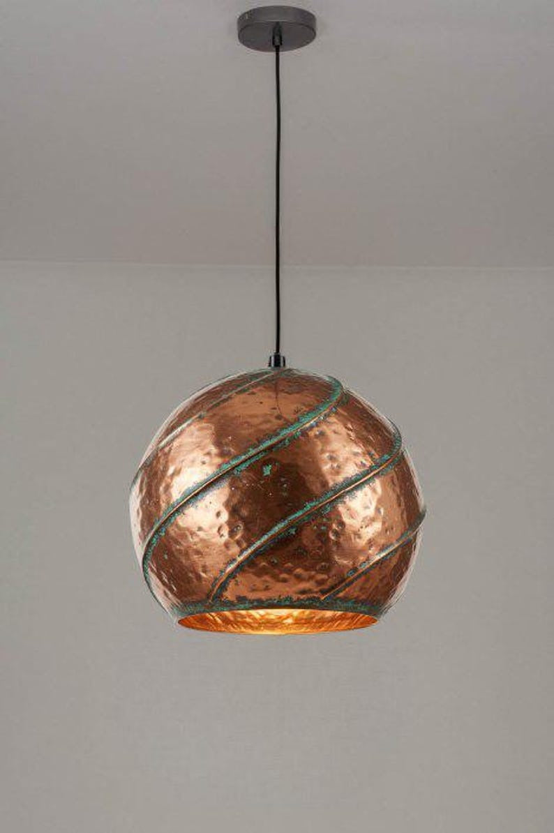 Handmade Hammered Brass Pendant Light – Moroccan Copper Globe Hanging Lamp with Green Patina Spiral Ribs for Kitchen Island, Dining Room & Boho Home Décor