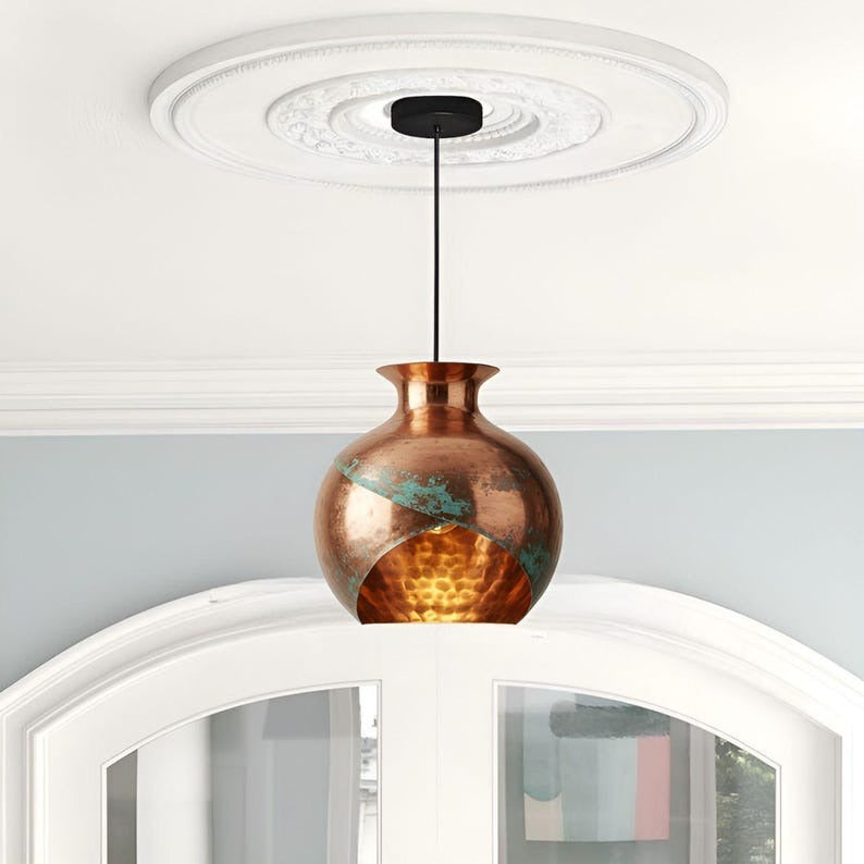 Handmade Copper Brass Pendant Light – Moroccan Vase Dome Hanging Lamp with Green Patina Stripe & Warm Hammered Interior for Kitchen Island, Dining Room & Boho Home Décor
