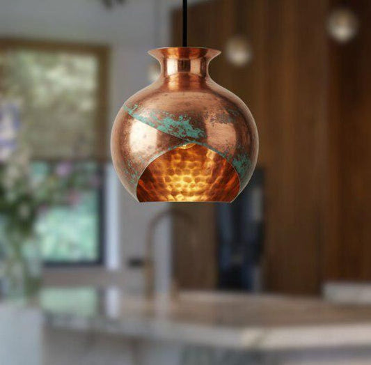Handmade Copper Brass Pendant Light – Moroccan Vase Dome Hanging Lamp with Green Patina Stripe & Warm Hammered Interior for Kitchen Island, Dining Room & Boho Home Décor