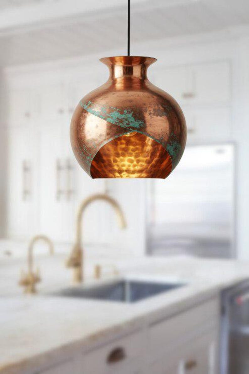 Handmade Copper Brass Pendant Light – Moroccan Vase Dome Hanging Lamp with Green Patina Stripe & Warm Hammered Interior for Kitchen Island, Dining Room & Boho Home Décor