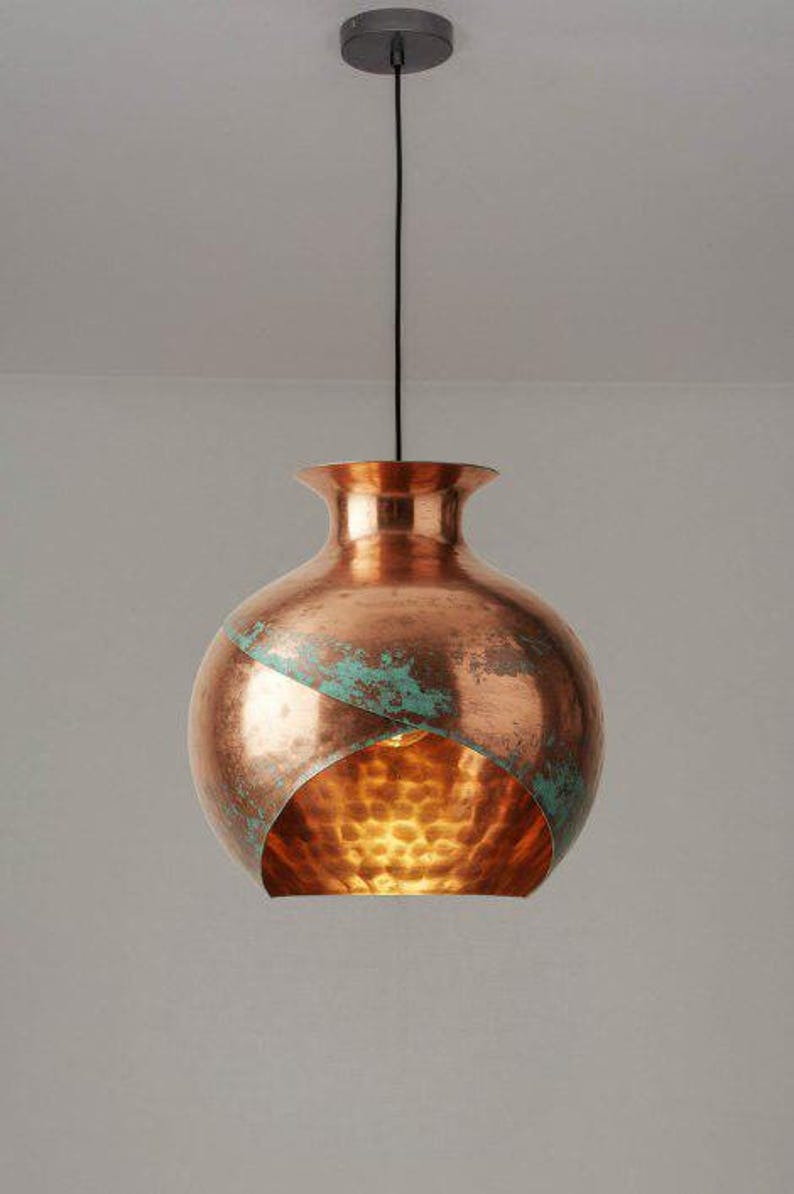 Handmade Copper Brass Pendant Light – Moroccan Vase Dome Hanging Lamp with Green Patina Stripe & Warm Hammered Interior for Kitchen Island, Dining Room & Boho Home Décor