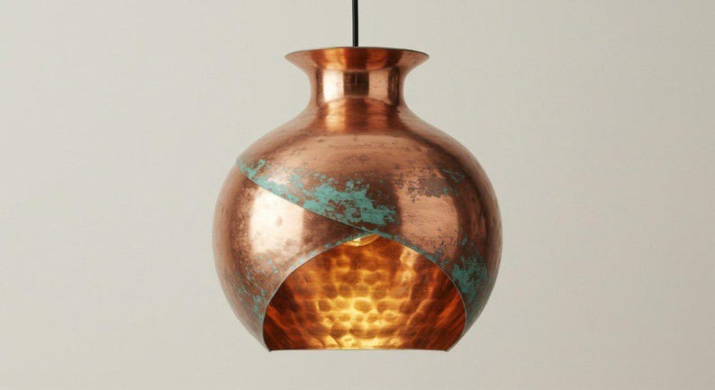 Handmade Copper Brass Pendant Light – Moroccan Vase Dome Hanging Lamp with Green Patina Stripe & Warm Hammered Interior for Kitchen Island, Dining Room & Boho Home Décor