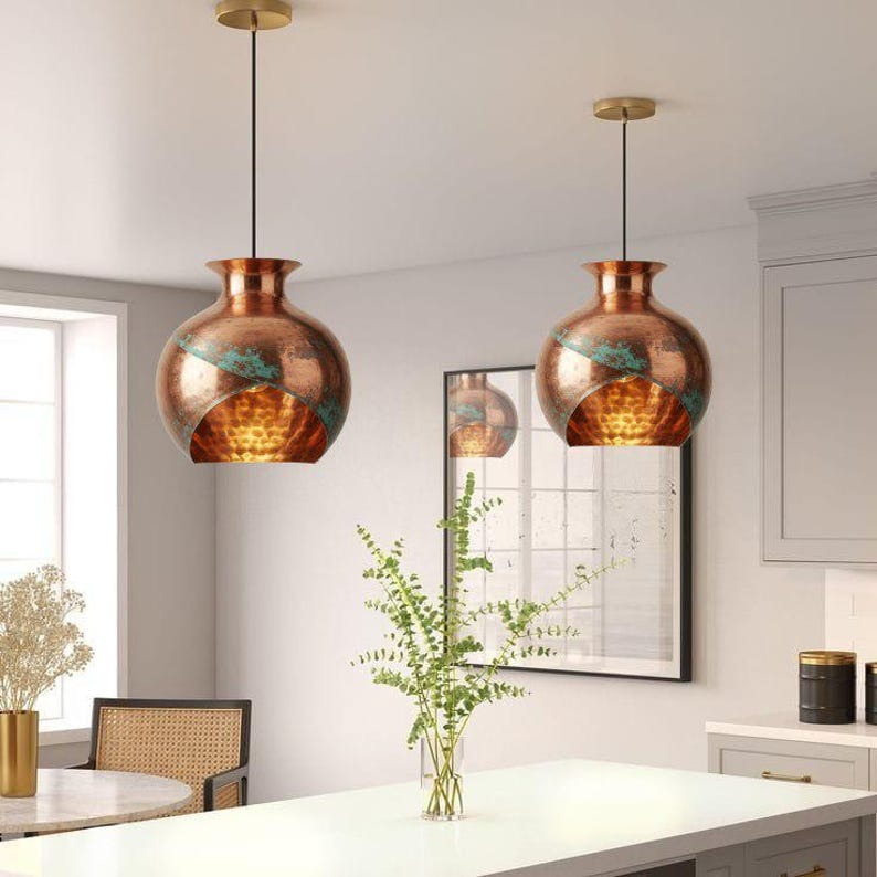 Handmade Copper Brass Pendant Light – Moroccan Vase Dome Hanging Lamp with Green Patina Stripe & Warm Hammered Interior for Kitchen Island, Dining Room & Boho Home Décor
