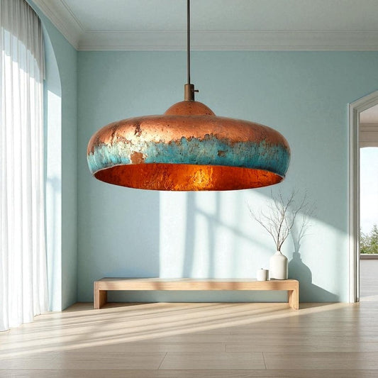 Large Verdigris Brass Dome Pendant Light – Aged Copper Kitchen Island Chandelier with Turquoise Patina