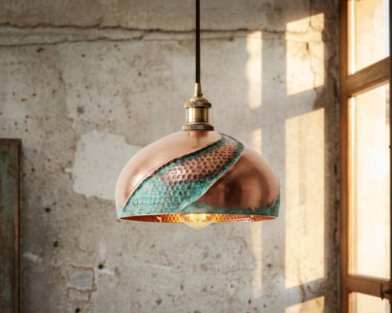 Copper & Verdigris Brass Dome Pendant Light – Sculptural Moroccan Kitchen Island Chandelier