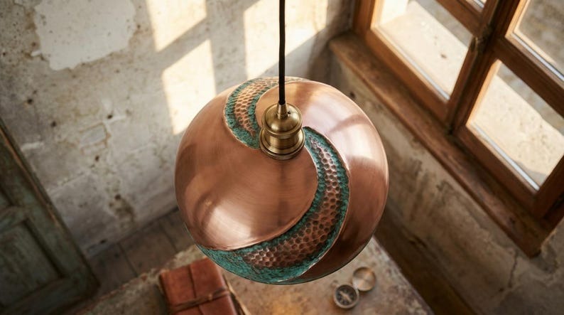 Copper & Verdigris Brass Dome Pendant Light – Sculptural Moroccan Kitchen Island Chandelier