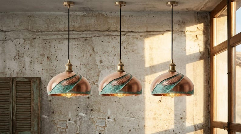 Copper & Verdigris Brass Dome Pendant Light – Sculptural Moroccan Kitchen Island Chandelier