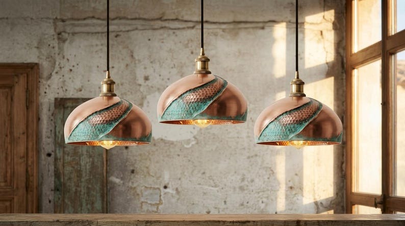 Copper & Verdigris Brass Dome Pendant Light – Sculptural Moroccan Kitchen Island Chandelier