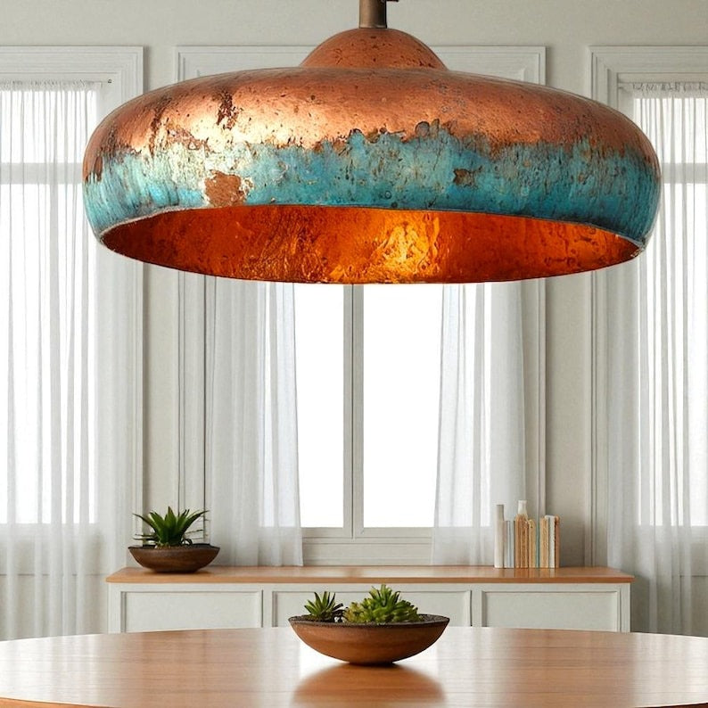 Large Verdigris Brass Dome Pendant Light – Aged Copper Kitchen Island Chandelier with Turquoise Patina