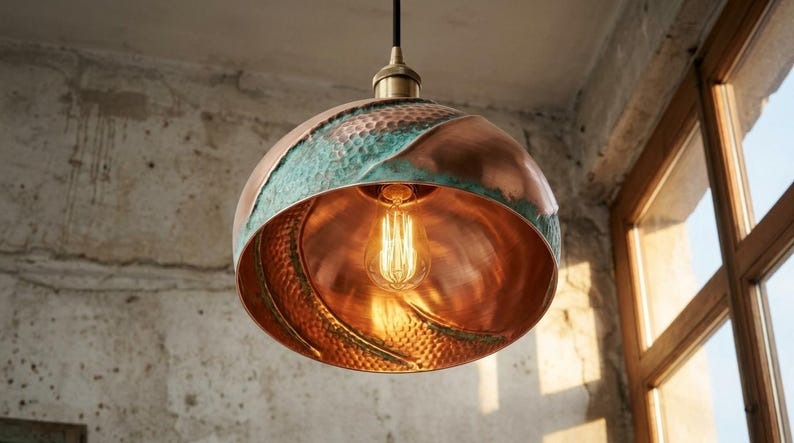 Copper & Verdigris Brass Dome Pendant Light – Sculptural Moroccan Kitchen Island Chandelier