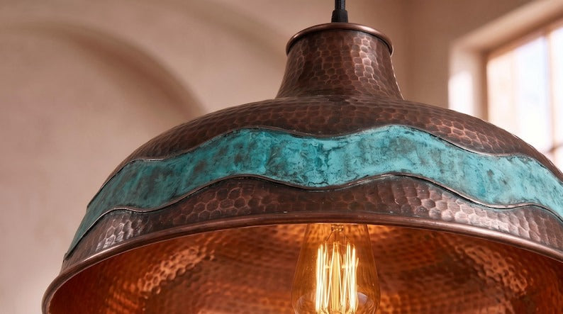 Handmade Moroccan Brass Pendant Light – Hammered Copper Dome Ceiling Lamp with Verdigris Wave Band and Rustic Artisan Patina
