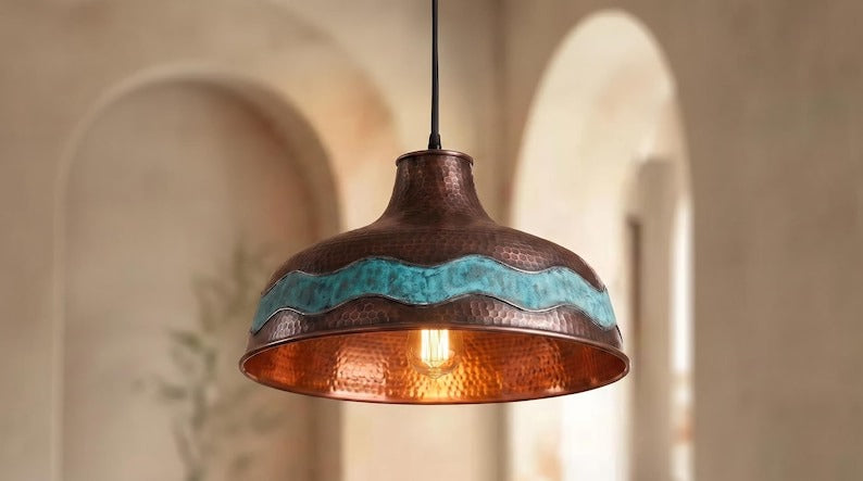 Handmade Moroccan Brass Pendant Light – Hammered Copper Dome Ceiling Lamp with Verdigris Wave Band and Rustic Artisan Patina