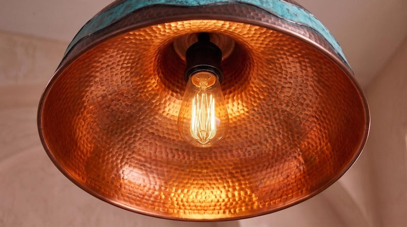Handmade Moroccan Brass Pendant Light – Hammered Copper Dome Ceiling Lamp with Verdigris Wave Band and Rustic Artisan Patina