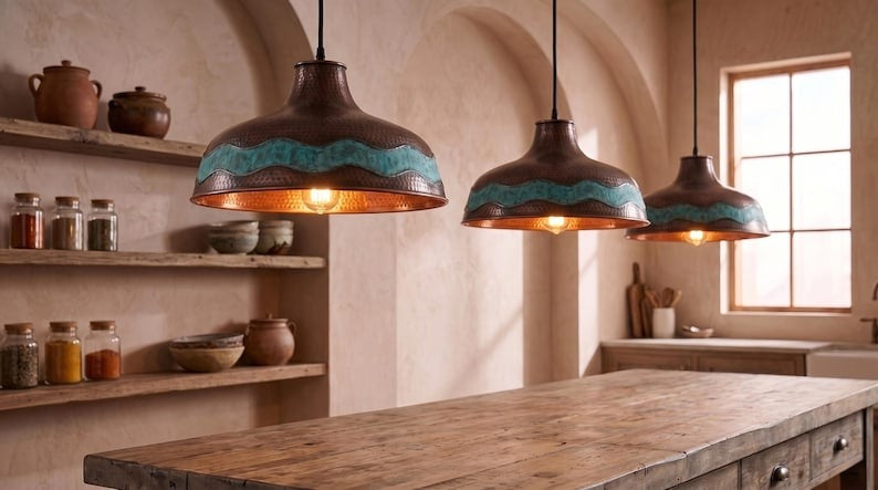 Handmade Moroccan Brass Pendant Light – Hammered Copper Dome Ceiling Lamp with Verdigris Wave Band and Rustic Artisan Patina