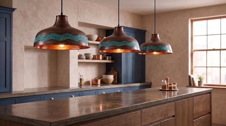 Handmade Moroccan Brass Pendant Light – Hammered Copper Dome Ceiling Lamp with Verdigris Wave Band and Rustic Artisan Patina