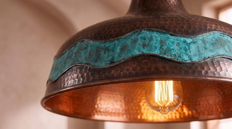 Handmade Moroccan Brass Pendant Light – Hammered Copper Dome Ceiling Lamp with Verdigris Wave Band and Rustic Artisan Patina